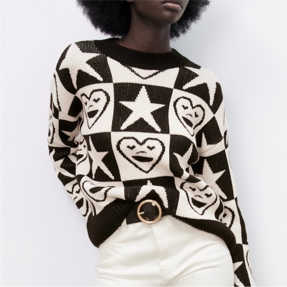 Zara Smiling Heart and Star Jacquard Knit Sweater Size Medium
